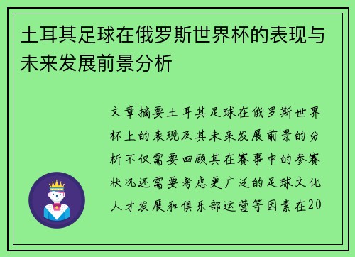土耳其足球在俄罗斯世界杯的表现与未来发展前景分析