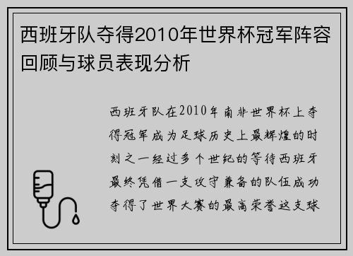 西班牙队夺得2010年世界杯冠军阵容回顾与球员表现分析